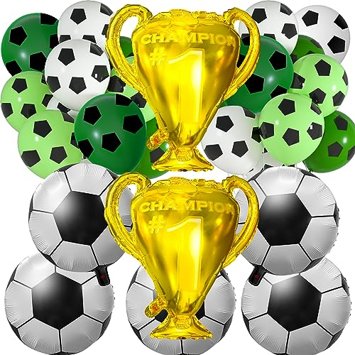 PLULON 31Pcs Football Balloons Birthday Party Decorations Large Trophy Gold Balloons Foil Soccer Balloons Kids Boys Birthday Latex Balloons with Ribbon for Football Match Sports Themed Party Supplies