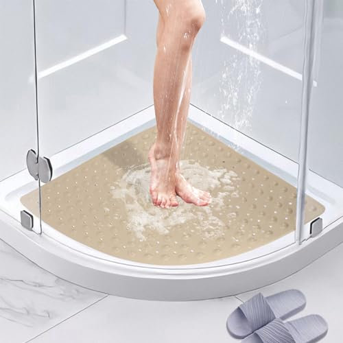 BWBIKE Tapis de Douche d’Angle Antidérapant 70 x 70 CM Tapis de Baignoire Tapis de Sol de Douche à l’Intérieur et à l’Extérieur Tapis de Cabine de Douche avec Ventouses et Trous de Vidange,Kaki