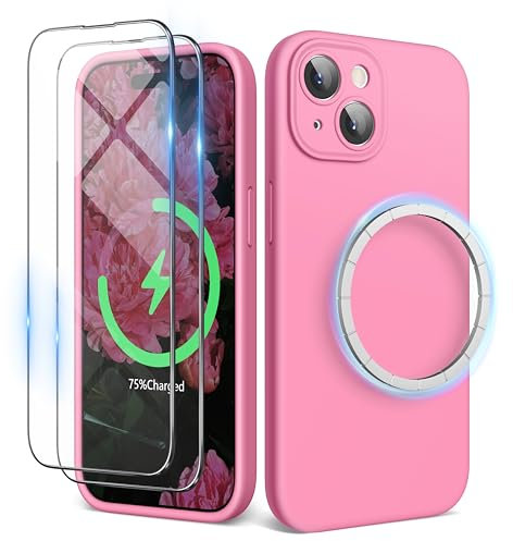 SURPHY Magnetic Case for iPhone 15 Plus Case with Screen Protector, Liquid Silicone Anti-Scratch Compatible with MagSafe Gel Rubber Phone Case for iPhone 15 Plus 6.7 inch (Peach Pink)