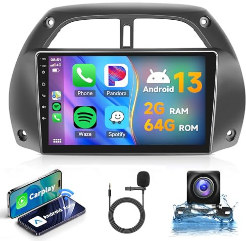 2G+64G Wireless Carplay Android 13 Autoradio 2 Din für Toyota RAV4 2001-2006 mit Android Auto Navi GPS WiFi 9 Zoll Autoradio mit Mirror Link Bluetooth FM/RDS Radio DAB/OBD/DVR/EQ/SWC Rückfahrkamera