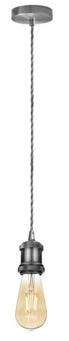 DC VOLTAGE Satin Nickel Vintage Metal Ceiling Pendant Light Fitting, Black and White Twisted Braided Flex 2m Cable, E27 Lamp Holder Suspended Pendant Light Fitting Kit for Indoor Lightings