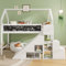 Multifunktionales Kinderbett 90x200 cm, Hochbett mit Wandtafel, Rutsche, Treppe und Schränken, Treppe mit Stauraum, Etagenbett Spielbett Hausbett Stockbett Holzbett Jugendbett, Weiß, ohne Matratze