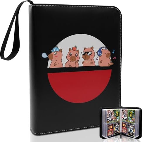 Trading Card Binder, 50 Pages 4 Pocket Trading Card Folder Zipped PU Trading Card Holder Book Kids Trading Card Album for Game Cards, Football Cards, Basketball Cards, Cartoon Cards Storage (Capybara)