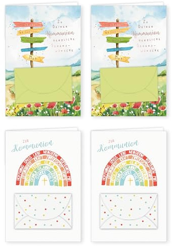 PremiumLine Glückwunschkarten zur Kommunion | 4 Stück mit Geldkuvert und Umschlag | Kommunionskarte, Geldkarte, Klappkarte mit Spruch, innen Blanko | 11,5 x 17 cm