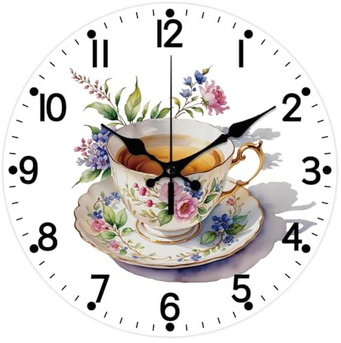 CHGCRAFT Tea Cup Pattern Wall Clock 12 Inch Non-Ticking Flowers Pattern Clocks Round Wall Hanging Clock Battery Operated for Bedroom Living Room Kitchen Office