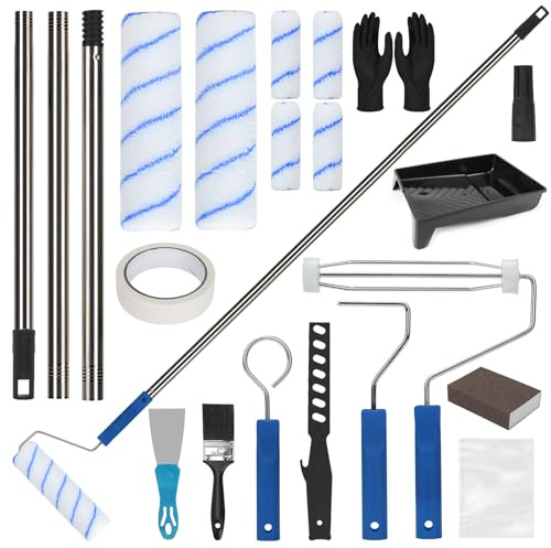 19Pcs Paint Roller Set, 9 & 4 Rollers with Stainless Steel Extension Poles, Paint Tray, Microfiber Roller Covers, Complete DIY Painting Kit for Walls, Ceilings, Doors and Trim (Blue)