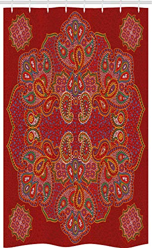 ABAKUHAUS Mandala Schmaler Duschvorhang, Motiv Traditionelles Paisley, Badezimmer Deko Set aus Stoff mit Haken, 120 x 180 cm, Bordeauxrot Weiß
