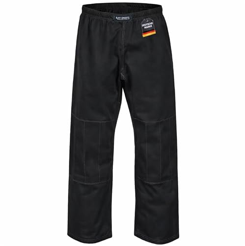 Bay Defence Kampfsporthose Hose lang Schwarz 12 Unzen 100% Baumwolle verstärkte Knieeinsätze Karate Krav MAGA Judo BJJ SV Ju Jutsu für Erwachsene Kinder Damen Herren Mädchen Jungen Größe S (160)