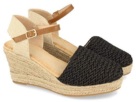 Buonarotti Sandalia para Mujer con Cuna de Yute, Pala Cerrada de Rafia, Talon Abierto y Cierre de Hebilla Primavera Verano 2021. Talla 38 Negro