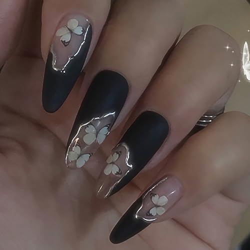 Brishow Coffin False Nails for Halloween - Press on Butterfly Stick on Black Fake Nails - 24pcs for Women and Girls