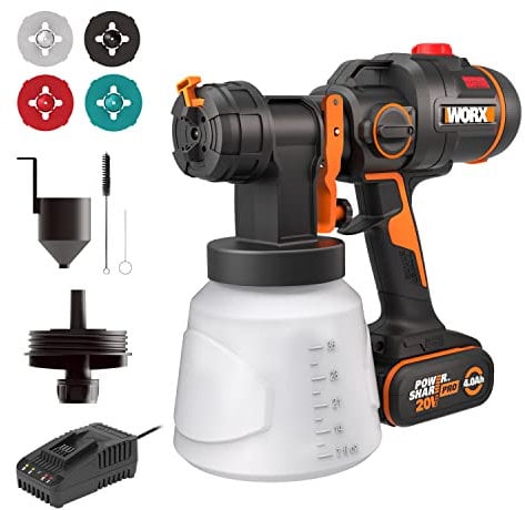 WORX NITRO 18V(20V MAX) Cordless Paint Sprayer WX020 Brushless Spray Gun 20Kpa, HVLP, 1L Container, 3 Spray Patterns * 4 Nozzles, Covers 15㎡ Area in 4min, PowerShare, 1* 4.0Ah Battery, 1* 2A Charger