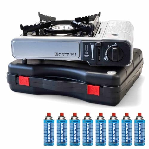 Kemper - Hornillo de gas NOMADE 2200 W + 8 cartuchos de gas, encendido piezoeléctrico, seguridad inserto de gas