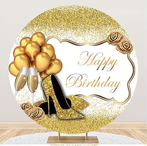 Renaiss 6.5x6.5ft Happy Birthday Round Backdrop Cover Golden Glitter High Heel Photography Background Girls Woman Birthday Party Cake Table Family Decoration Portrait Photo Studio Props Polyester