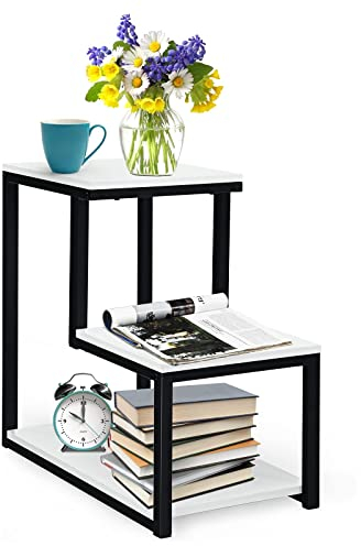 GOPLUS Beistelltisch 3 Ebenen, Kaffeetisch mit Stahlrahmen, Sofatisch Telefontisch für Balkon, Wohnzimmer und Schlafzimmer (Weiß)