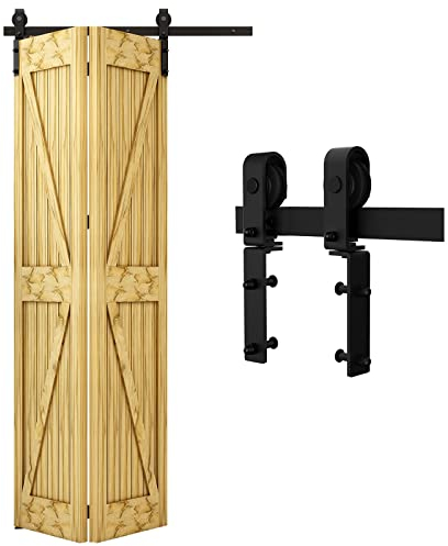 QINAIXQM 5FT/1.52M Bifolding Binario per Porta Scorrevole Kit ferramenta per porte scorrevoli unidirezionali Nero e Rustico Porta Scorrevole Kit Adatto per aperture porte 120-130 cm