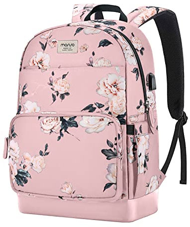 MOSISO 15,6-16 Zoll Laptop Rucksack für Frauen, Polyester Anti-Diebstahl Stilvolle Casual Daypack Tasche mit Gepäckriemen & USB Ladeanschluss,Camellia Reise Rucksack,Rosa