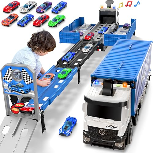 Carrier Truck Race Track Kids Toys, Toy Truck Transport & 8 Race Cars