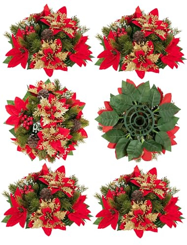 BLOSMON Deko Weihnachten Künstliche Weihnachtsstern: 6 Stück Rot Glitzer Christmas Künstlich Blumen Tischdeko - Kunstblumen Blumenstrauß Kamin Büro Decorations Wohnzimmer Weihnachtsdeko
