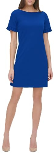 Tommy Hilfiger Damen Pleated Trim Short Sleeve Boat Neck Scuba Shift Mini Dress Kleid, Marineblau, 34