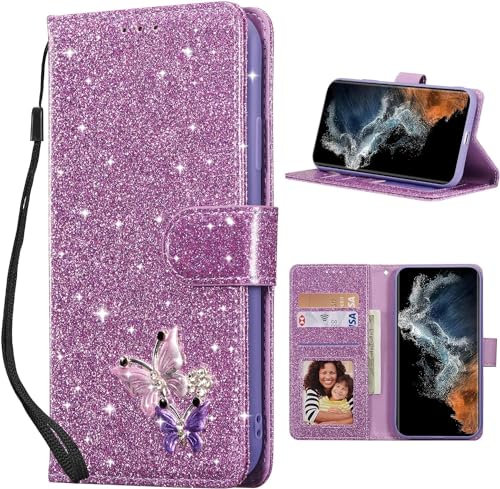 UEEBAI Handyhülle für Samsung Galaxy S24 Ultra 5G, PU Lederhülle Glitzer 3D Schmetterling Hülle mit Kartenfach Schutzhülle Standfunktion Geldbörse mit Trageband Magnetverschluss Klapphülle - Lila