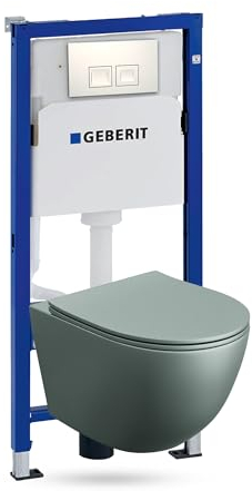 Lavita Duofix Basic Vorwandelement + Wand Tiefspül WC Sinto Grau Spülrandlos + WC Sitz + Bedienplatte Delta 25 Weißer Knopf Komplettset Unterputz Spülkasten Toilette Komplett Sett WC