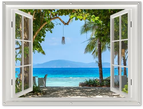 MuchoWow© Gartenposter Groß 160x120 cm XXL Outdoor Bilder Gartendeko für draußen Wetterfest Garten Sichtschutz Terrasse Deko Banner Draußen Bild Fensterblick - Baum - Meer - Palme - Hügel - Strand - B