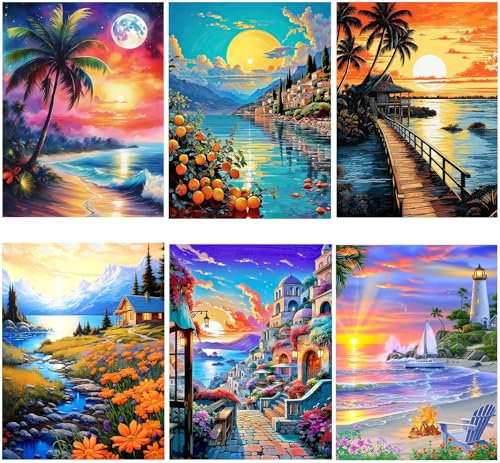 WHATWEARS 6 Stück Diamond Painting Set für Erwachsene, Diamond Painting Bilder Landschaft, DIY 5D Diamond Malerei für House Wall Dekoration(30x40cm)