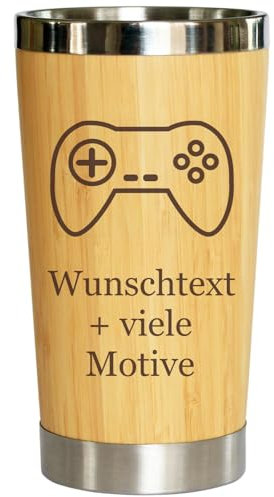 Gaming Becher mit Gravur, Name + Motiv, Trinkbecher in Holz Optik 400 ml, Bambusbecher für Gamer, Zocker, Computerspieler, Gaming Zone, Geschenkidee Schüler, Teenager