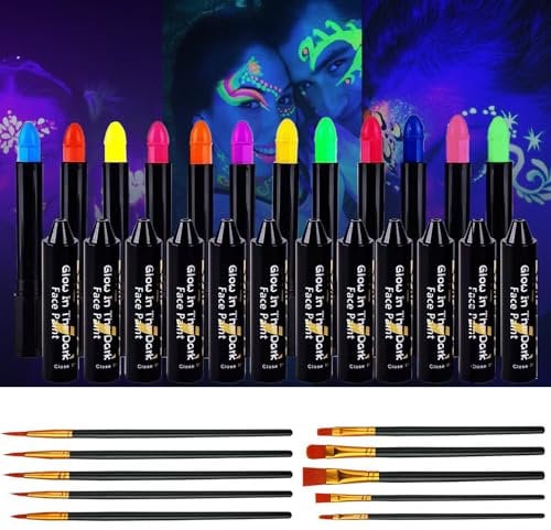 Scettar 12 Colors UV Neon Glow Face Paint Crayons Kit with 10 Brushes, UV Neon Face Paint Body Pain, Glow in the Dark Face Paint for Adults Neon Party Discos