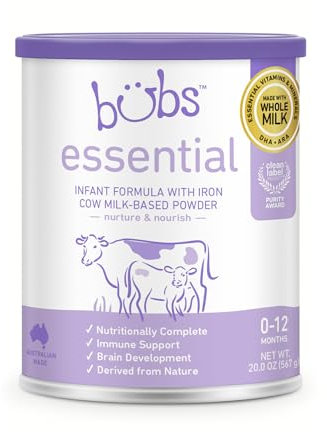 Bubs Essential Säuglingsnahrung mit Eisen, Pulver auf Kuhmilchbasis, für Säuglinge von 0-12 Monaten, hergestellt mit gentechnikfreier Milch, 590 ml