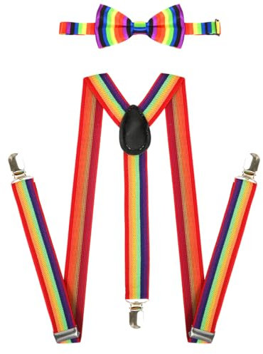 Cadimus 2PCS Regenbogen Hosenträger Fliege Set, Y-Form Verstellbar Elastisch, Unisex, für Festival Cosplay Party