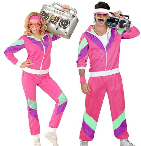 80er Jahre Outfit Herren Damen Kostüm Trainingsanzug Pop Art Retro Stil Kostüm Accessoires set mit Aufblasbares Radio Sonnenbrille Halskette Schweißband 80S Outfit Damen Karneval Shirt Herren