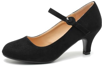 Women's Vintage Mary Jane Shoes Dress Comfortable Low Kitten Heels Ankle Strap Closed Round Toe Office Work Wedding Pumps, Black Suede, 7.5 UK