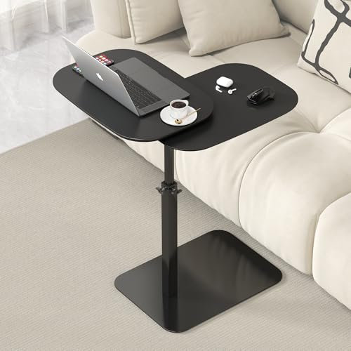 Table d'appoint en forme de C hauteur reglable, table canapé pivotante à 360°, Deux planches de table, ordinateur portable stand pour canapé/lit, Petite café C tables pour Salon/Chambre (Black)
