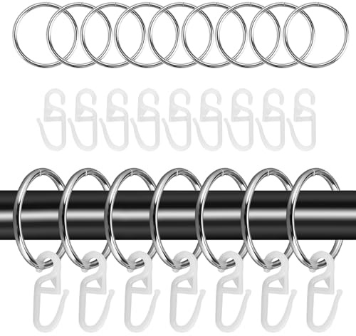48 Stück Gardinen Ringe, 32mm Innendurchmesser, Duschvorhangringe | Metall Vorhangringe mit 48 Stück Kunststoff Gardinenhaken, Gardinenringe mit Haken Curtain Rings für Fenster Tür Duschvorhang