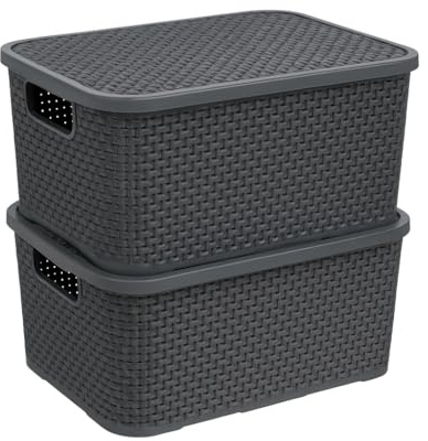 Set of 2 BPA Free Rattan Storage Boxes with Lid, Durable Plastic Organiser Baskets for Home, Kitchen, Bathroom & More (Anthracite, 19 Litre)