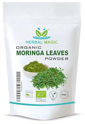Herbal Magic's Organic Moringa Leaf Powder Raw and Pure Whole Leaves, Green Superfood for Smoothies, Shakes, Baking, Free from Fillers & Preservatives. of&G UK Organic Certified 100g (Pack of 1)