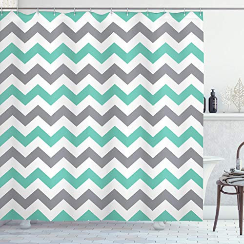 ABAKUHAUS Chevron Duschvorhang, Geometrische Wavy Zigzag, Stoffliches Gewebe Badezimmerdekorationsset mit Haken, 175 x 200 cm, Seafoam Grau Weiß