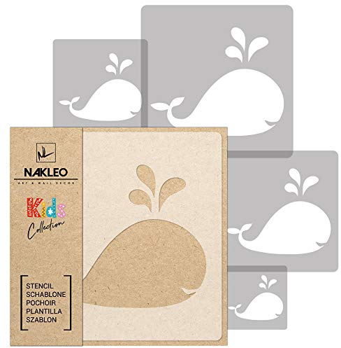 NAKLEO Schablonen Malen für Kinderzimmer, 5 Stück Set 9x9 bis 34x34cm Walfisch Ozean Fisch, Wiederverwendbare Kunststoff Malvorlage Raumdekoration, Basteln DIY Wand Möbel Papier Stoff
