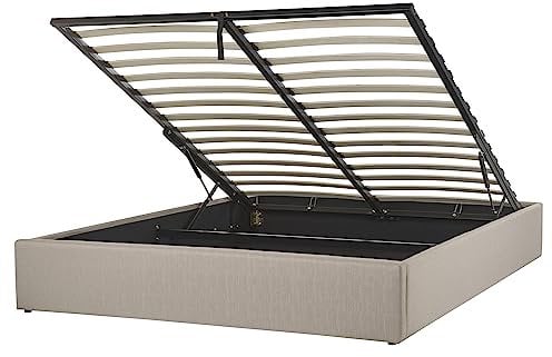 Polsterbett beige mit hochklappbarem Lattenrost 160x200 cm Bettkasten Dinan