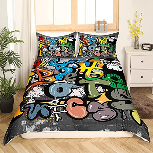 Loussiesd Straße Graffiti Bettwäsche Set 3 teilig 155x220cm + 80x80cm Hiphop Stil Sreet Art Design Bettbezug Weiche Mikrofaser Betten Set mit 2 Kissenbezug,Reißverschluss -Bunt