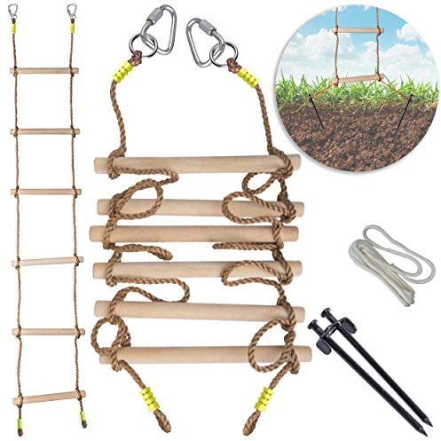 Cateam Strickleiter für Kinder - Robuste 3,2cm Dicke Hartholztreppe - 2,1m Kletter Ninja Leiter für Kinder oder Erwachsene mit Bodenverankerung - Schaukelzubehör für Slacklines