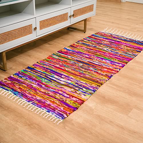 RAJRANG Chindi Flickenteppich für Wohnzimmer Bunt 183x71cm - Dekorativ Waschbar Recycelter Polar Chindi Indisch Fleckerlteppich Für Zuhause Dekor