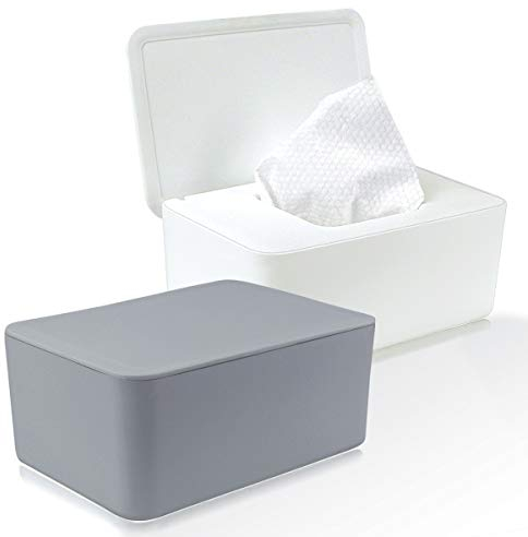 DOERDO 2 PCS Wipes Dispenser Wet Wipe Holder with Lid Wipes Tissue Case Tissue Storage Box Keeps Baby Wipes Fresh and Safe(White,Gray)
