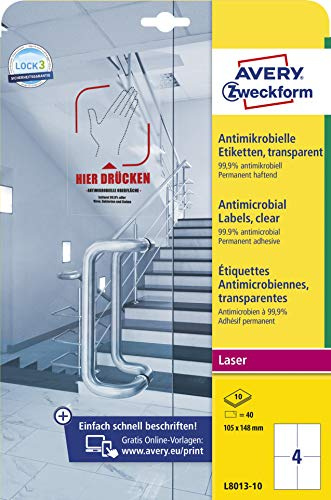 AVERY Zweckform L8013-10 selbstklebende Folie antibakteriell A6 (entfernt 99,9% aller Bakterien, Viren, Keime, 40 Hygieneaufkleber, permanente Etiketten für Türgriffe, Kontaktflächen) 10 Blatt