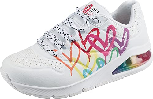 Skechers Damen UNO 2 Floating Love Sneakers, Wht Duraleather Multi Color Heart Print Trim, 40 EU