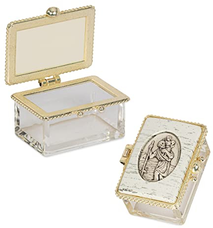 NKlaus Glass Rosenkranz Dose transparent Klappdeckel perlweiss Christoph 5x3x3cm 2538