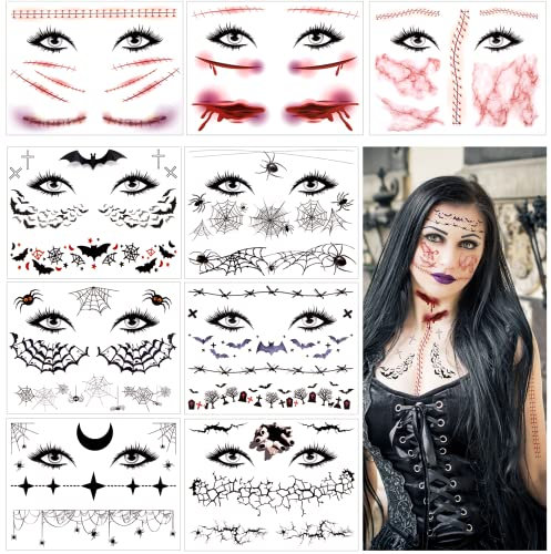 9 Feuilles Halloween Tatouage Temporaires pour Visage Imperméables, Autocollant de Visage Realiste en Cicatrice Araignée Blessure Zombie, Faux Tatouage pour Femme Hommes Enfant