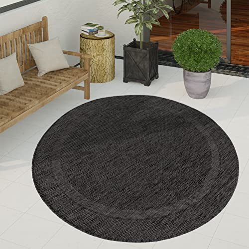 Paco Home Outdoor Teppich wetterfest & pflegeleicht Flachgewebe in Sisal-Optik mit Bordüre UV-beständig Modern für Balkon, Terrasse, Garten, Wohnzimmer, Grösse:80 cm Rund, Farbe:Anthrazit