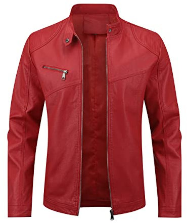 Sliktaa, Giacca da uomo in pelle sintetica ecologica, per l’inverno, con collo alto, capo di mezza stagione, con cerniera, in stile casual, alla moda, classica, rosso, S